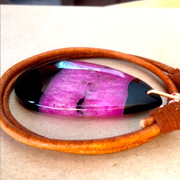 NEW Polished Agate Stone Pendant Copper Wire Wrap 16" Boho Choker Necklace - Picture 2 of 11